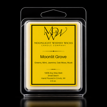 Moonlight Whimsy Wicks Moonlit Groves  wax melt with gold label on a black background