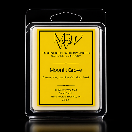Moonlight Whimsy Wicks Moonlit Groves  wax melt with gold label on a black background