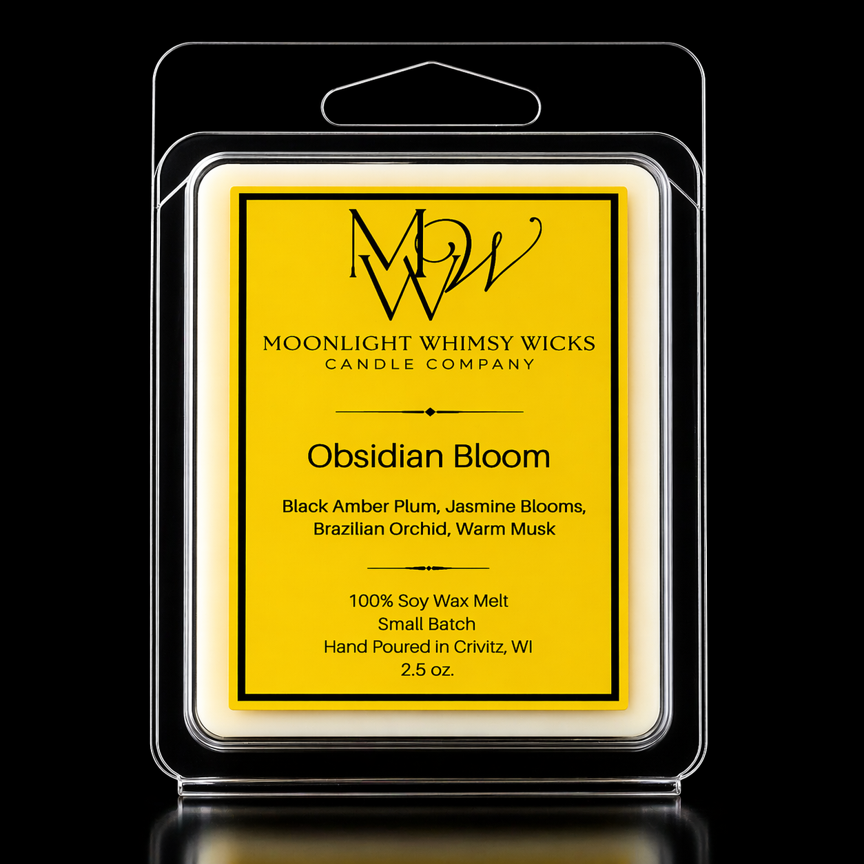 Moonlight Whimsy Wicks Soy wax melt package with Gold label on a black background