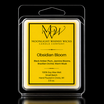 Moonlight Whimsy Wicks Soy wax melt package with Gold label on a black background