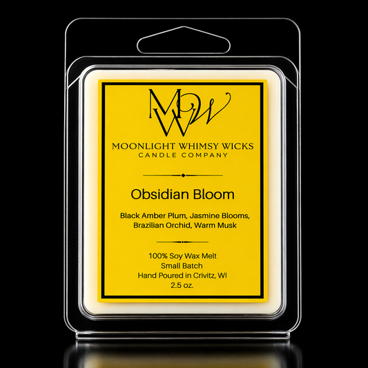 Moonlight Whimsy Wicks Soy wax melt package with Gold label on a black background