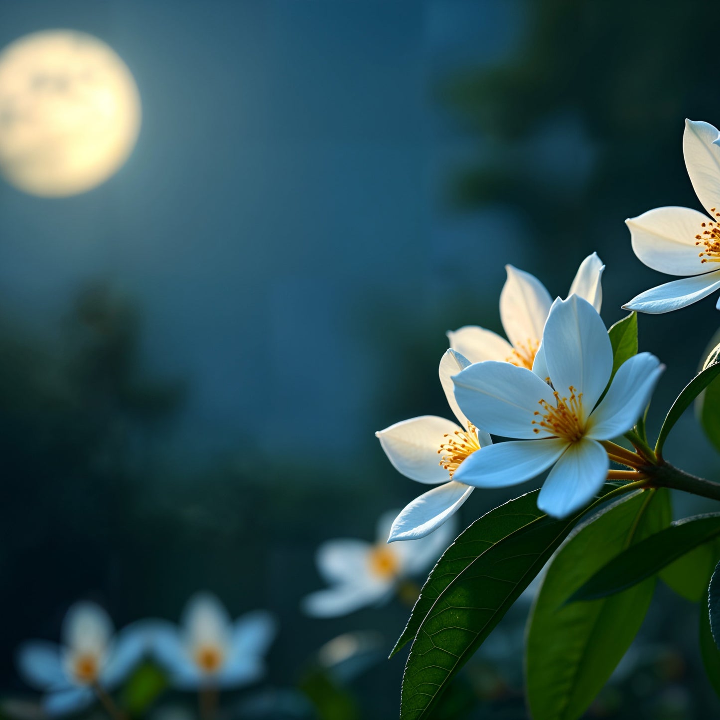 A Moonlight Whimsy Wicks Soy wax melt with a fragrance of jasmine blooms and vanilla woods, depicted in a moonlit garden setting with white flowers in the foreground.