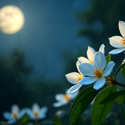 A Moonlight Whimsy Wicks Soy wax melt with a fragrance of jasmine blooms and vanilla woods, depicted in a moonlit garden setting with white flowers in the foreground.
