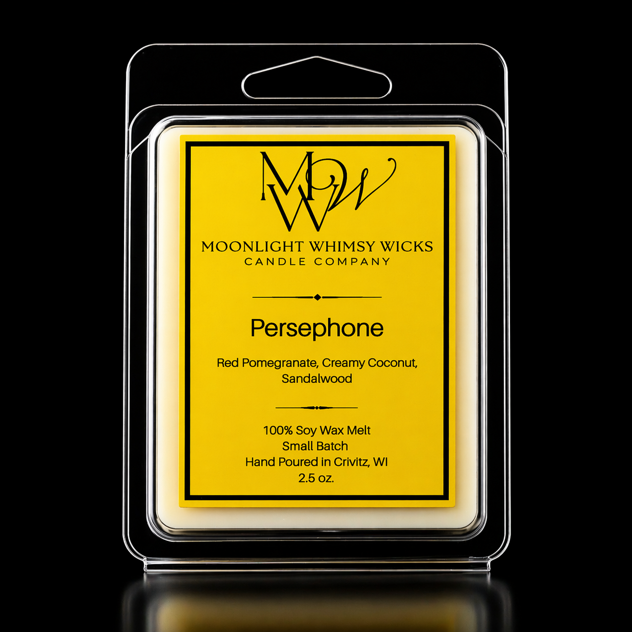 Moonlight Whimsy Wicks Persephone wax melt packaging with Gold label on a black background