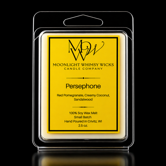 Moonlight Whimsy Wicks Persephone wax melt packaging with Gold label on a black background