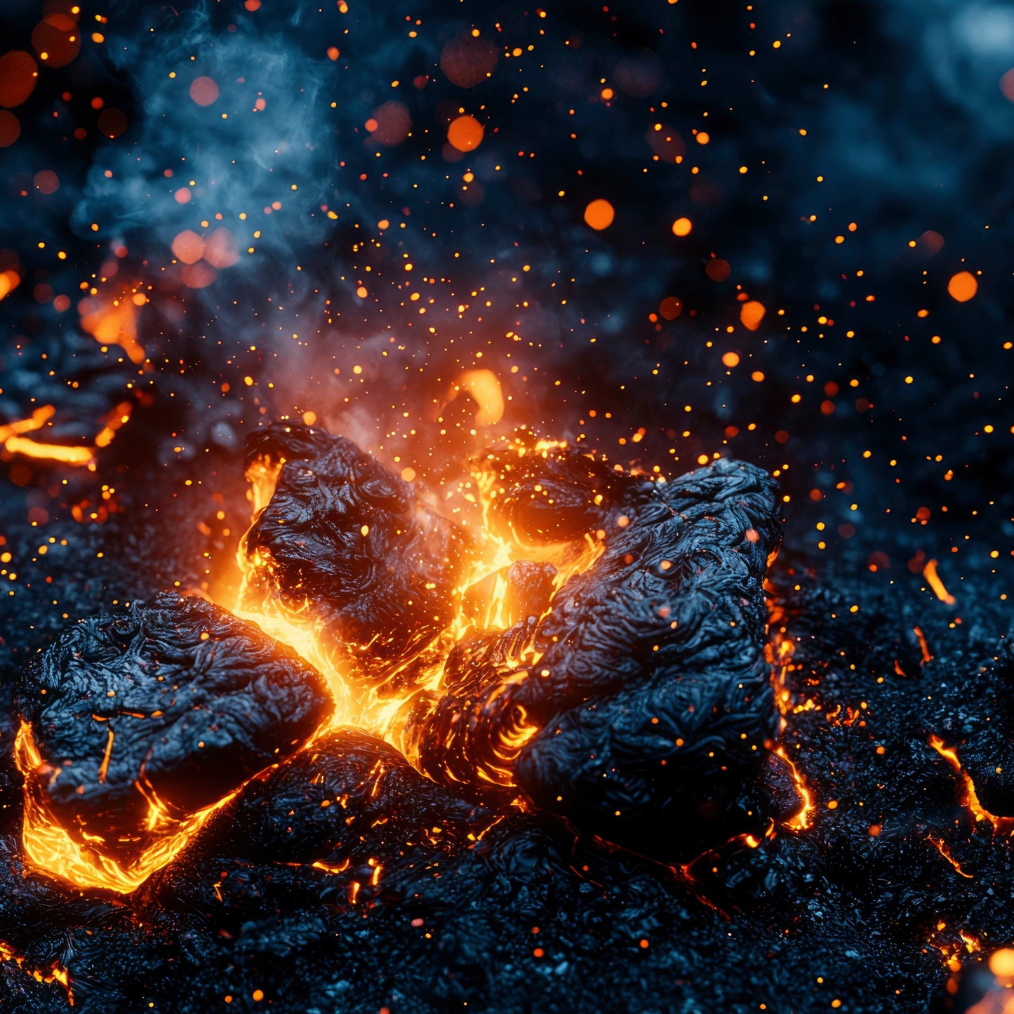 Glowing embers and with lava peeking through.