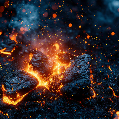 Glowing embers and with lava peeking through.