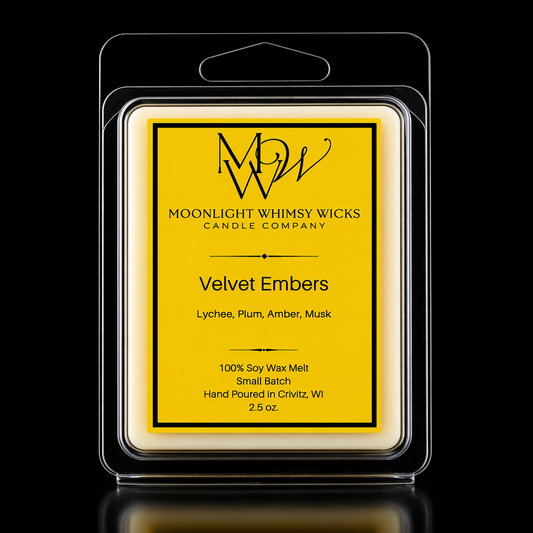 Moonlight Whimsy Wicks Luxury Soy wax melt  with gold label on a black background