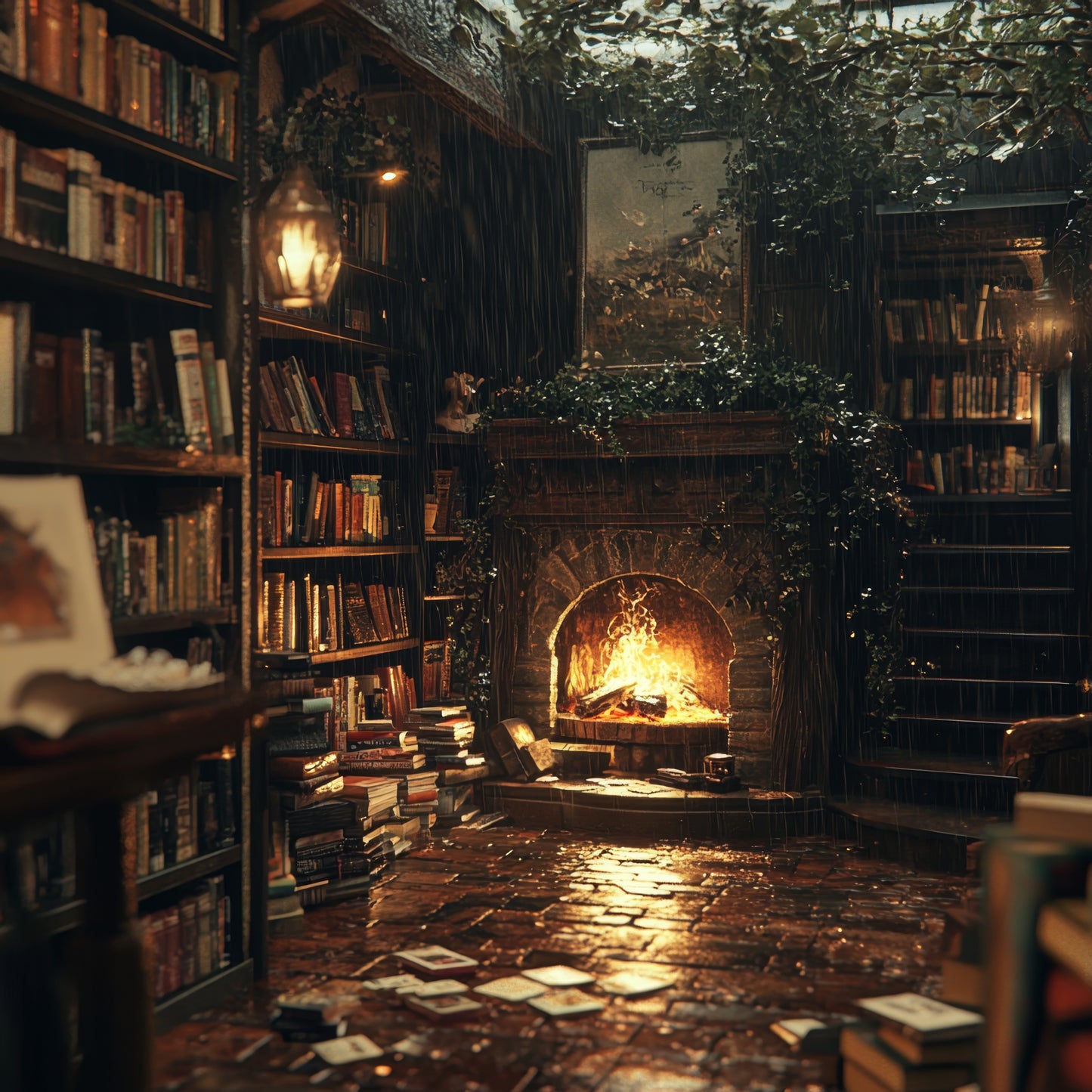 A wax melt candle with a warm, inviting flame, placed on a stone surface in a room with an extensive bookshelf, creating a cozy and inviting atmosphere.