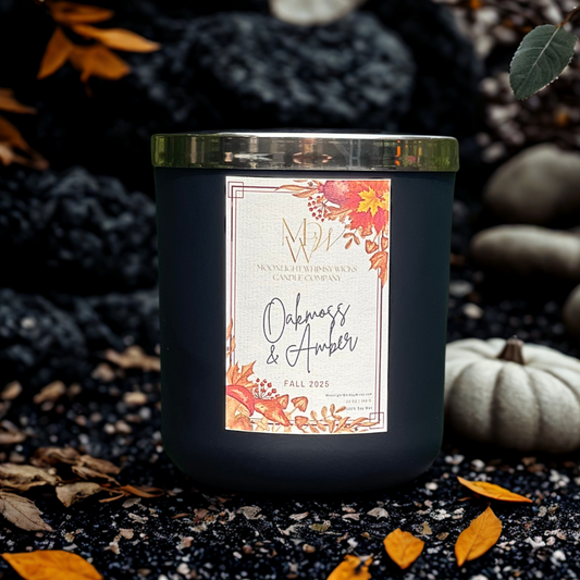 Oakmoss & Amber candle by Moonlight Whimsy Wicks, in a matte black jar with botanical autumn label, styled against dark rocks and pale pumpkins with scattered fall leaves.