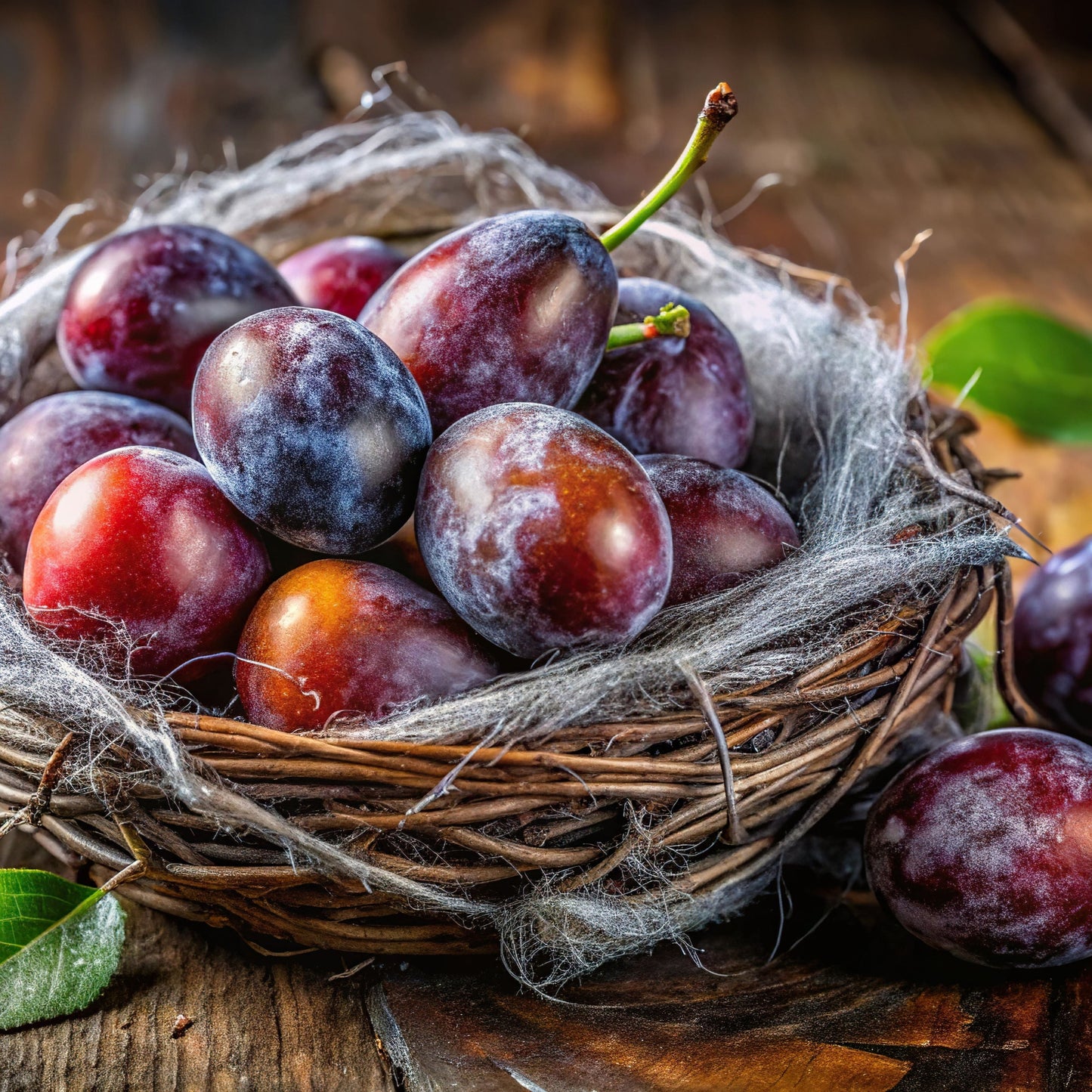 Sweet Luscious plums in a basket on a rustic wooden surface representing the fragrance of Obsidian Bloom Moonlight Whimsy Wicks Soy Candle.