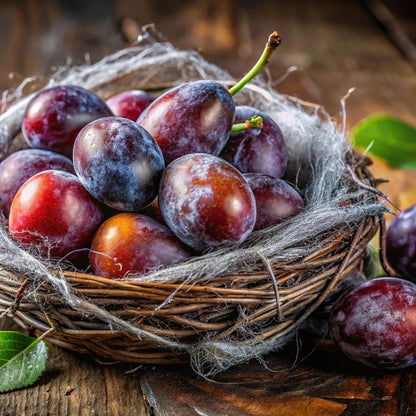 Sweet Luscious plums in a basket on a rustic wooden surface representing the fragrance of Obsidian Bloom Moonlight Whimsy Wicks Soy Candle.