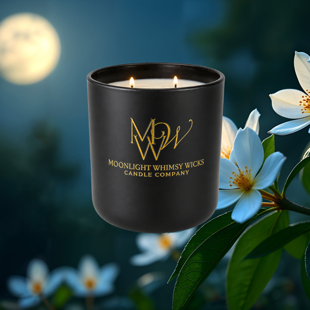Luxury Soy Wax Black Matte candle vessel with 'Moonlight Whimsy Wicks' branding in a natural setting with flowers and moon.