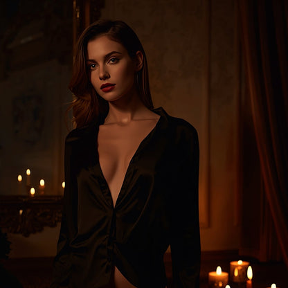 Woman in a black shirt  standing in a dimly lit room with candles.