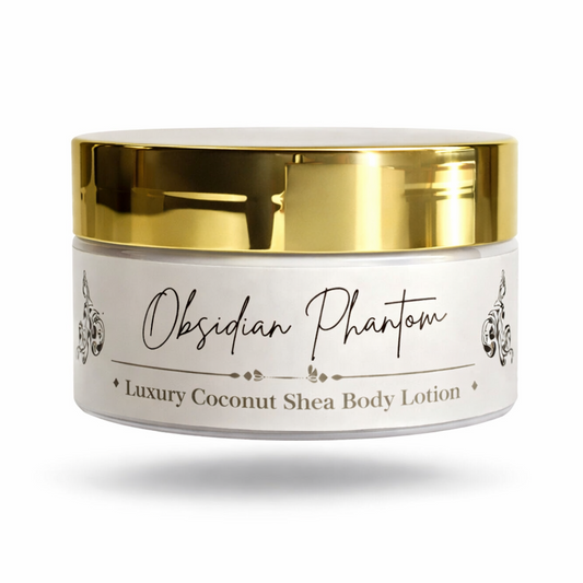Jar of Obsidian Phantom Luxury Coconut Shea Body Lotion with gold lid on a white background
