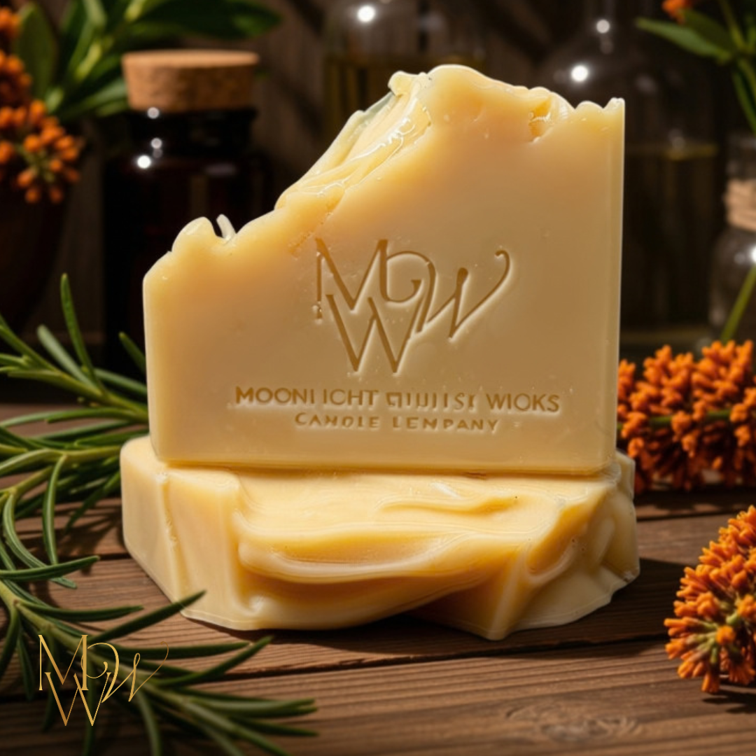 Orange Patchouli handmade cold process soap with subtle yellow mica coloring, handcrafted in small batches by Moonlight Whimsy Wicks