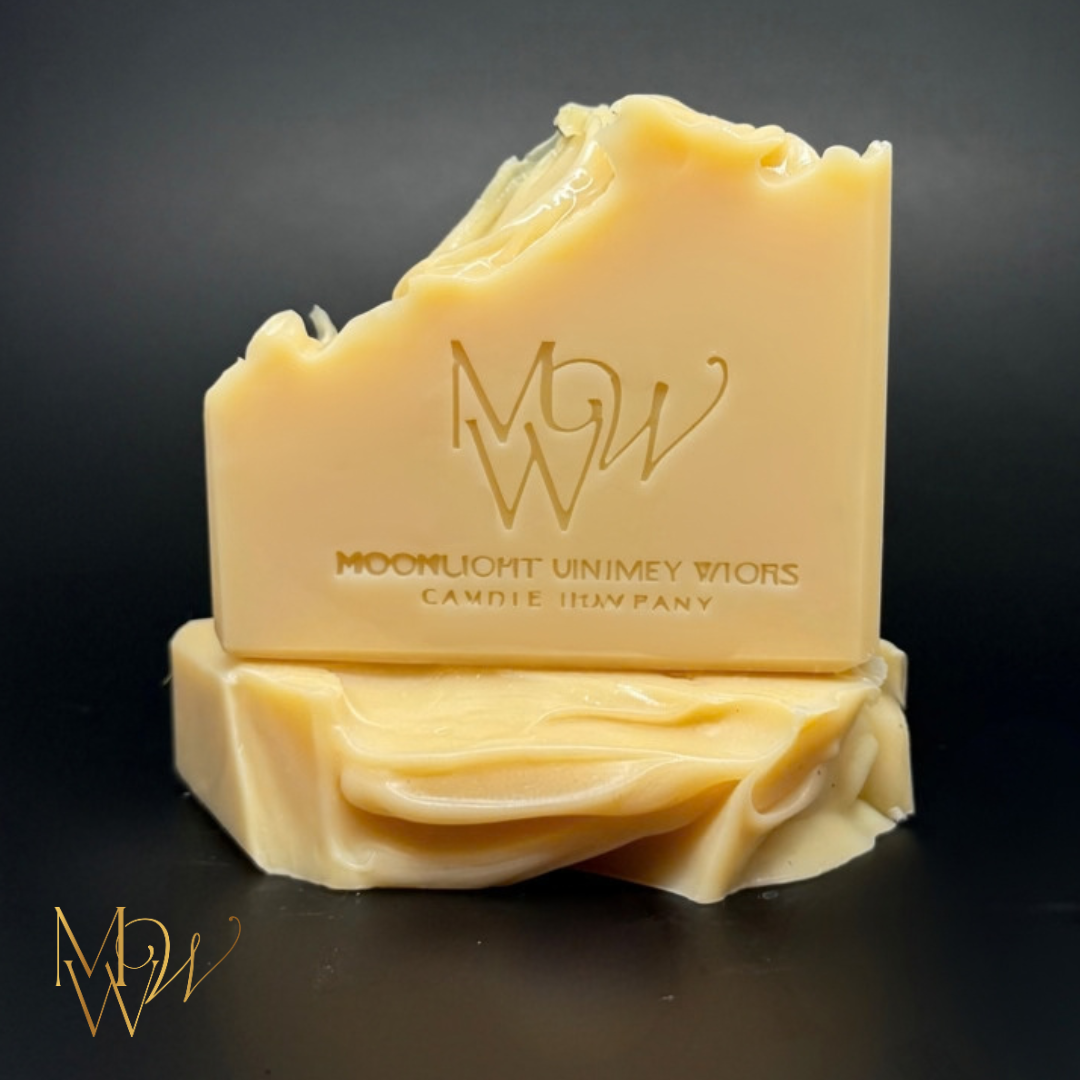 Orange Patchouli handmade cold process soap with subtle yellow mica coloring, handcrafted in small batches by Moonlight Whimsy Wicks
