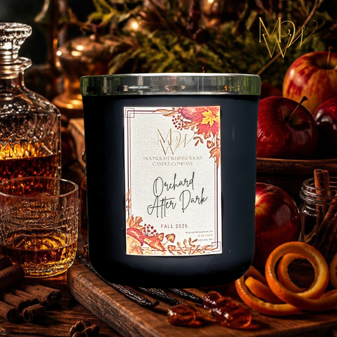 Orchard After Dark luxury soy wax candle and melt by Moonlight Whimsy Wicks with spiced apple and maple notes