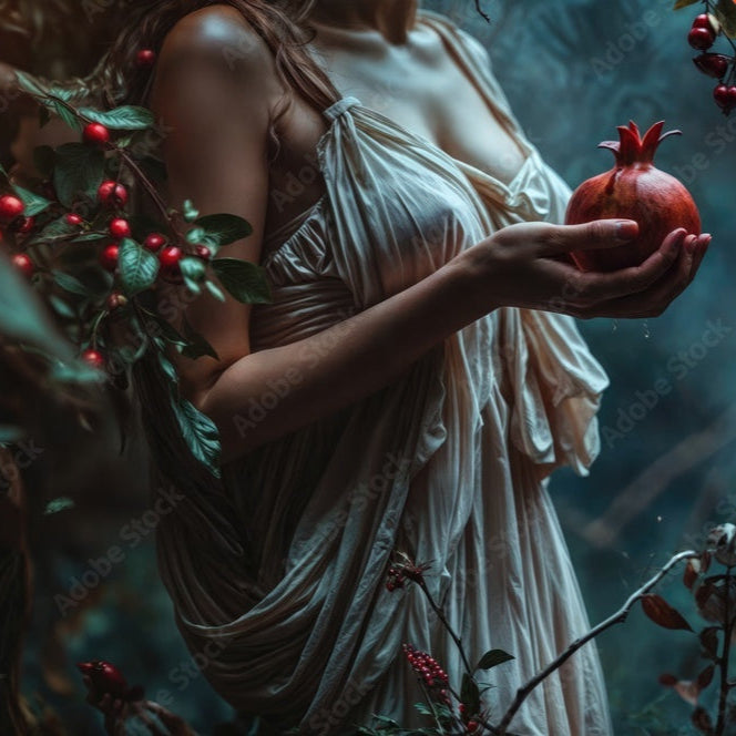 Dark Garden Mystical Setting of Persephone holding a pomegranite.   