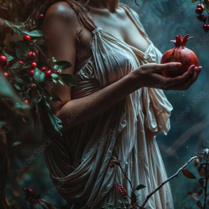 Dark Garden Mystical Setting of Persephone holding a pomegranite.   