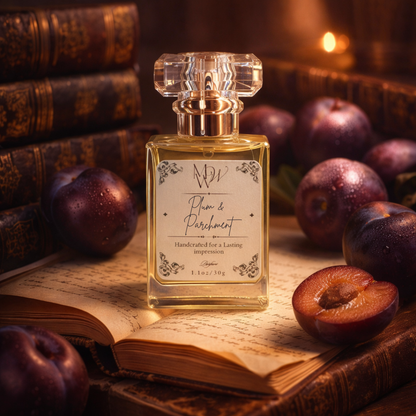 Perfume bottle labeled 'Plum & Parchment' on an open book with plums around