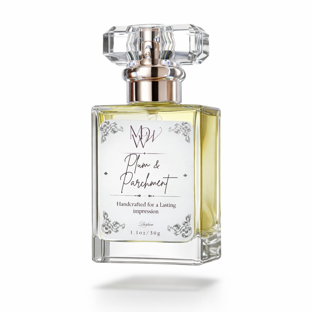 Perfume bottle labeled 'Plum & Parchment' on a white background