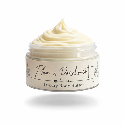 Jar of Plum & Parchment Luxury Body Butter on a white background