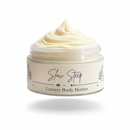 Jar of Slow Steep Luxury Body Butter on a white background