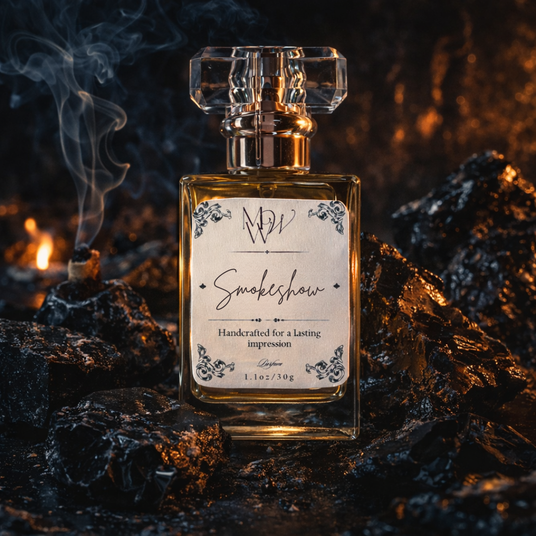 Perfume bottle labeled 'Smoke Show' on a dark background with smoke and fire elements.