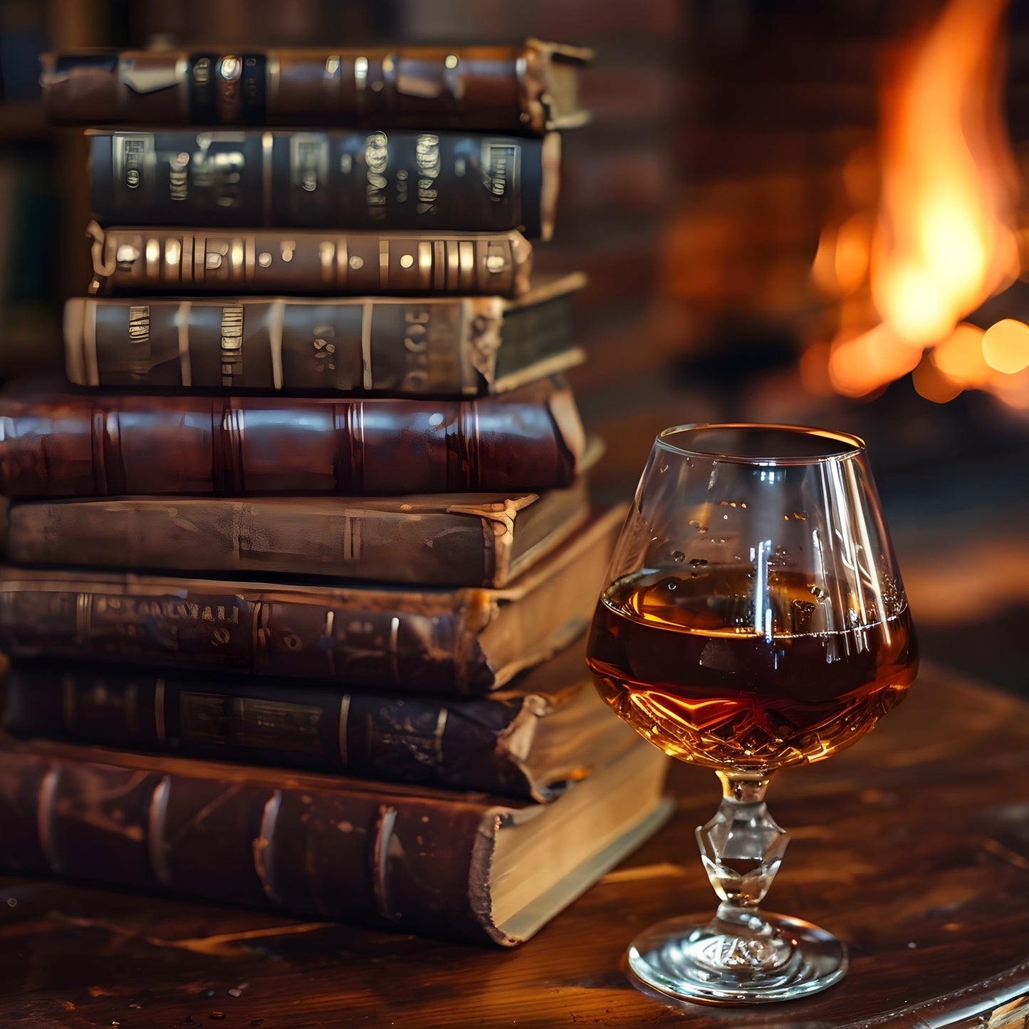 Stack of old books in front of a cracking fireplace with a snifter of bourbon on the table.  Representative of the fragrance of Le Cuir & Bois Ancien Luxury Soy Wax Candle by Moonlight Whimsy Wicks.