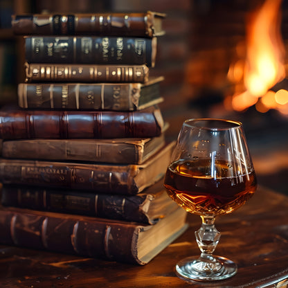 Stack of old books in front of a cracking fireplace with a snifter of bourbon on the table.  Representative of the fragrance of Le Cuir & Bois Ancien Luxury Soy Wax Candle by Moonlight Whimsy Wicks.