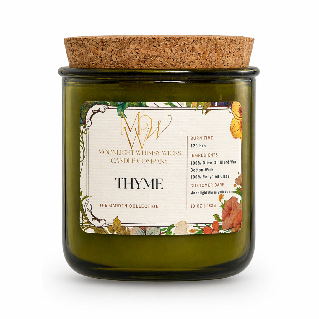 Thyme Candle from Moonlight Whimsy Wicks’ Garden Collection, displayed in a green recycled glass jar with a cork lid and floral label. 